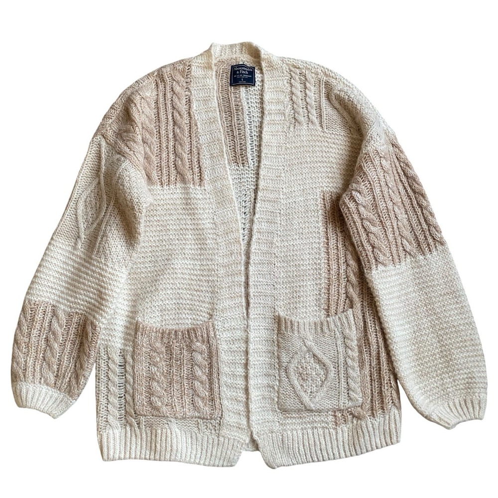 Abercrombie &Fitch Chunky Cable Knit Cardigan Size S Oatmeal Mohair Grandpa